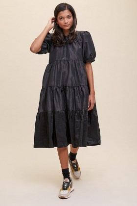 Second Female Tiered Midi Dress ~ black puff shoulder dresses with volume ~ party clothing
