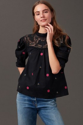 Maeve Embroidered High Neck Blouse / black floral blouses / feminine tops - flipped