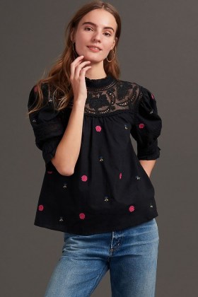 Maeve Embroidered High Neck Blouse / black floral blouses / feminine tops