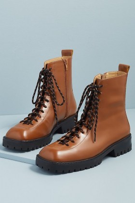Miista Calais Square-Toe Hiker Boots / chocolate brown square toe lace up boots - flipped