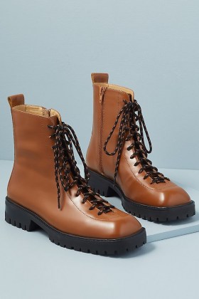 Miista Calais Square-Toe Hiker Boots / chocolate brown square toe lace up boots