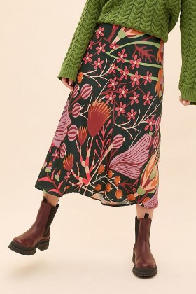 ANTHROPOLOGIE Printed Satin Bias-Cut Midi Skirt / slinky floral skirts