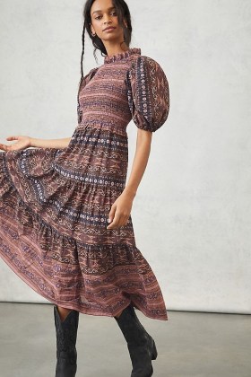 Anthropologie Angela Puff Sleeve Midi Dress / smocked dresses - flipped
