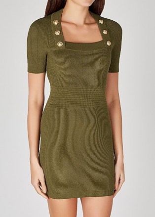 BALMAIN Army green ribbed-knit mini dress ~ green designer knit dresses - flipped