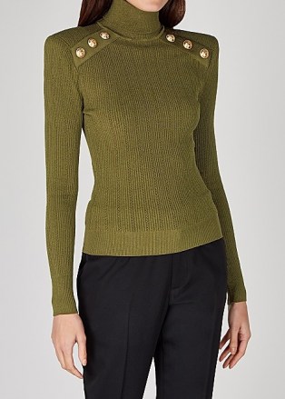BALMAIN Army green roll-neck ribbed-knit jumper | designer knitwear - flipped