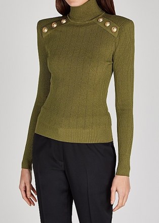 BALMAIN Army green roll-neck ribbed-knit jumper | designer knitwear