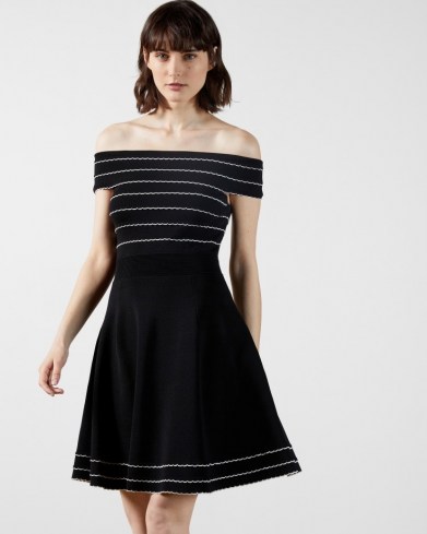 Ted Baker MAISIIE Bardot Knitted Skater Dress – black off the shoulder party dresses – lbd – fit and flare - flipped