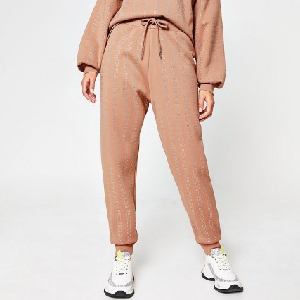 RIVER ISLAND Beige embellished strip cuffed joggers ~ shimmering jogging bottoms - flipped