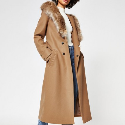 RIVER ISLAND Beige faux fur hooded robe coat ~ neutral tie waist winter coats - flipped