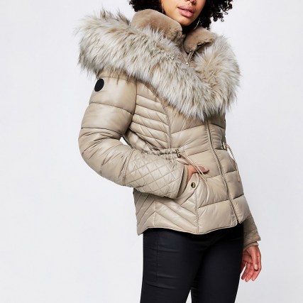 RIVER ISLAND Beige faux fur padded coat ~ hooded winter jackets ~ fitted coats - flipped