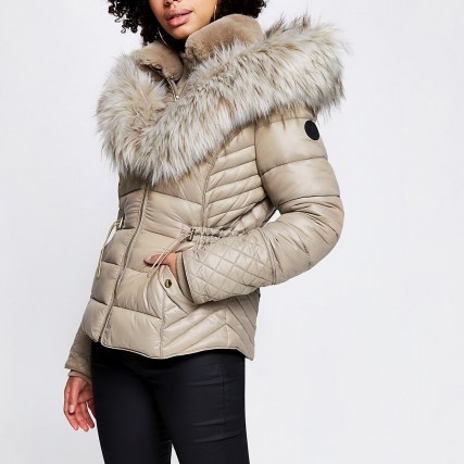 RIVER ISLAND Beige faux fur padded coat ~ hooded winter jackets ~ fitted coats