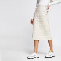 RIVER ISLAND Beige faux leather quilted midi pencil skirt | quilt detail skirts