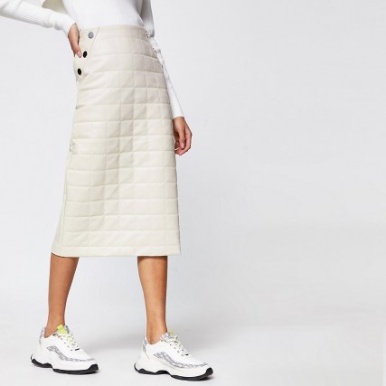 RIVER ISLAND Beige faux leather quilted midi pencil skirt | quilt detail skirts - flipped