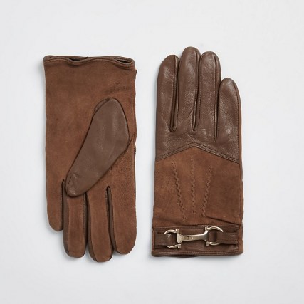 RIVER ISLAND Beige leather RI gloves ~ horsebit detail gloves - flipped