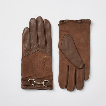 RIVER ISLAND Beige leather RI gloves ~ horsebit detail gloves