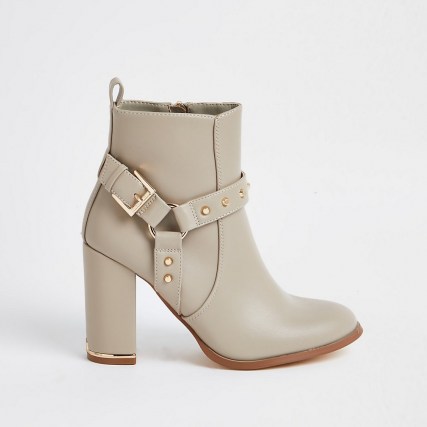 RIVER ISLAND Beige PU block heel boots – faux leather buckle detail boot - flipped
