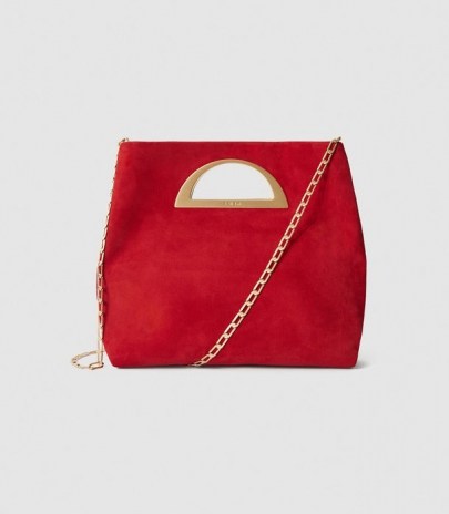 REISS BELGRAVIA SUEDE FOLD OVER CLUTCH BAG RED – glamorous bags - flipped