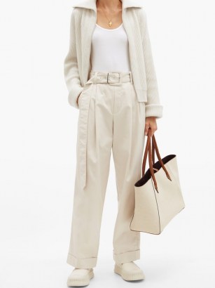 BRUNELLO CUCINELLI Belted cotton-blend wide-leg trousers | light grey casual pants - flipped