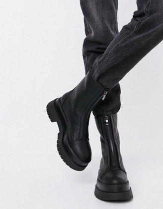 Bershka zip front chelsea boot in black ~ chunky round toe boots - flipped