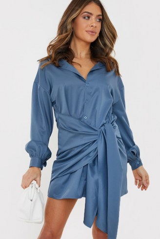 BILLIE FAIERS DUSKY BLUE DRAPE DETAIL SHIRT DRESS ~ celebrity inspired going out dresses - flipped