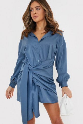 BILLIE FAIERS DUSKY BLUE DRAPE DETAIL SHIRT DRESS ~ celebrity inspired going out dresses