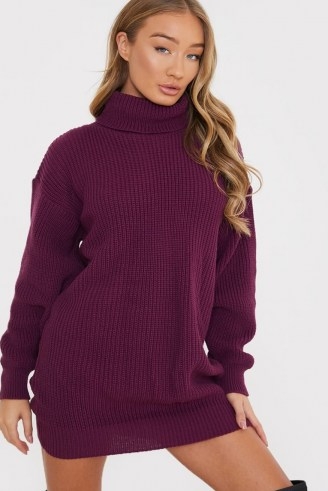 BILLIE FAIERS PLUM ROLL NECK KNITTED DRESS | deep-purple high neck sweater dresses | winter knitwear - flipped
