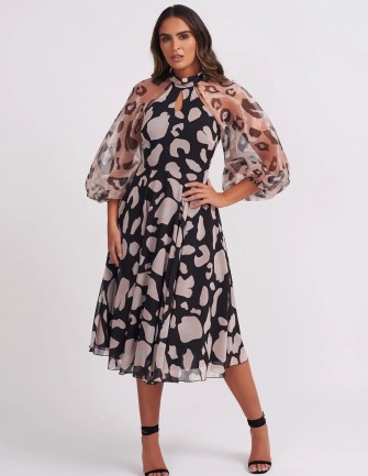 FOREVER UNIQUE Black & White Leopard Print Sheer Midi Dress / monochrome animal print occasion dresses / party wear - flipped
