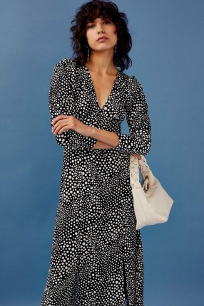 Topshop Black And White Spot Full Sleeve Plunge Midi Dress | monochrome deep V neck dresses
