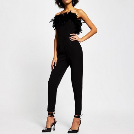 RIVER ISLAND Black bandeau feather tapered jumpsuit ~ party glamour