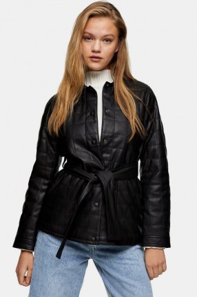 TOPSHOP Black Belted Quilted PU Jacket – faux leather tie waist jackets
