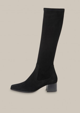 WHISTLES BLAIRE STRETCH KNEE HIGH BOOT / black suede bock heel boots - flipped