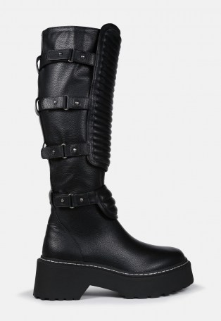 MISSGUIDED black calf high padded buckle chunky boots – multi buckled boot