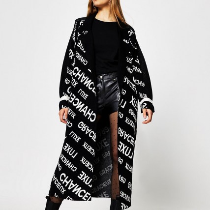 River Island Black ‘Chanceux Luxe’ monogram print cardigan | longline slogan print cardigans | monochrome knitwear - flipped