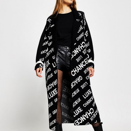 River Island Black ‘Chanceux Luxe’ monogram print cardigan | longline slogan print cardigans | monochrome knitwear