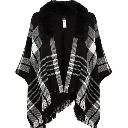 RIVER ISLAND Black check cape faux fur collar jacket – casual winter jackets – modern capes - flipped