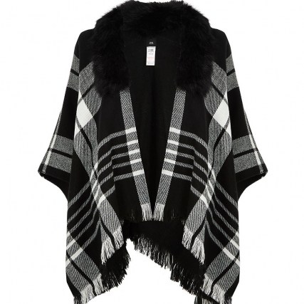 RIVER ISLAND Black check cape faux fur collar jacket – casual winter jackets – modern capes