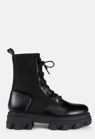 MISSGUIDED black chunky sole knitted lace up ankle boots ~ thick sole winter outerwear