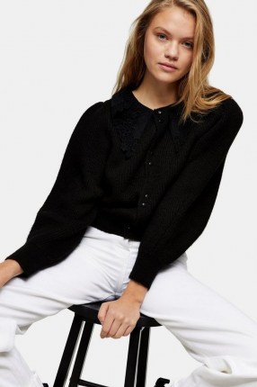 Topshop Black Crochet Collar Knitted Cardigan | cardigans with collars - flipped