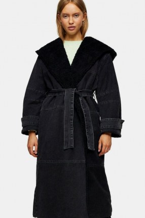 Topshop Black Denim Borg Hooded Jacket | casual self tie coats - flipped