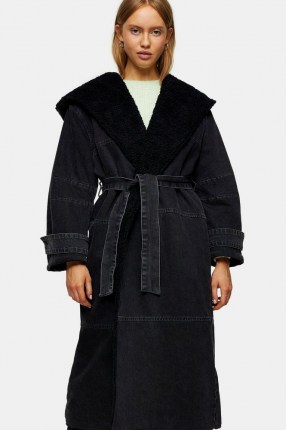 Topshop Black Denim Borg Hooded Jacket | casual self tie coats