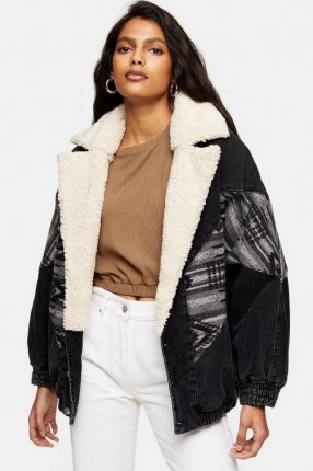TOPSHOP Black Denim Print Borg Jacket | casual winter faux fur lined jackets - flipped