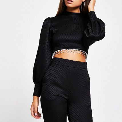 RIVER ISLAND Black diamante trim long sleeve crop top | cropped evening tops | party fashion