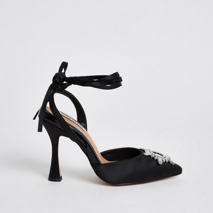 RIVER ISLAND Black embellished tie ankle court shoes ~ party courts - flipped