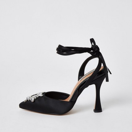 RIVER ISLAND Black embellished tie ankle court shoes ~ party courts