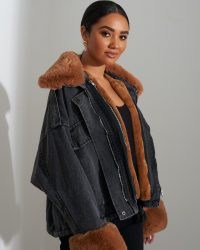 FOREVER UNIQUE Black Faux Fur Denim Jacket / trimmed winter jackets / casual style