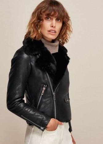 WHISTLES FAUX FUR LINED AGNES BIKER / black leather zip detail jackets - flipped