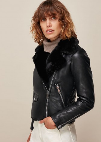 WHISTLES FAUX FUR LINED AGNES BIKER / black leather zip detail jackets