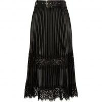 RIVER ISLAND Black Faux leather pleated lace midi skirt | semi sheer panel skirts
