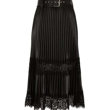 RIVER ISLAND Black Faux leather pleated lace midi skirt | semi sheer panel skirts - flipped
