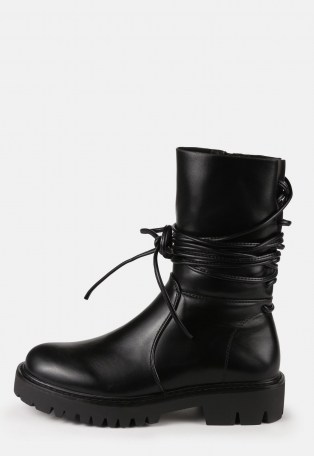 MISSGUIDED black faux leather wrap ankle boots – wrap around detail chunky tread boot - flipped
